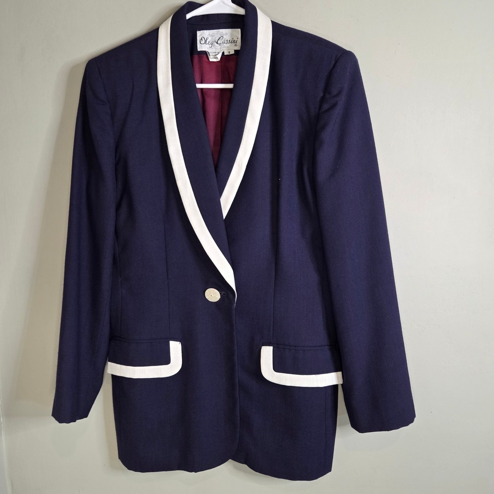 Oleg Cassini Navy Blazer White Contrast Shawl Collar Vintage Old Money Jacket 8